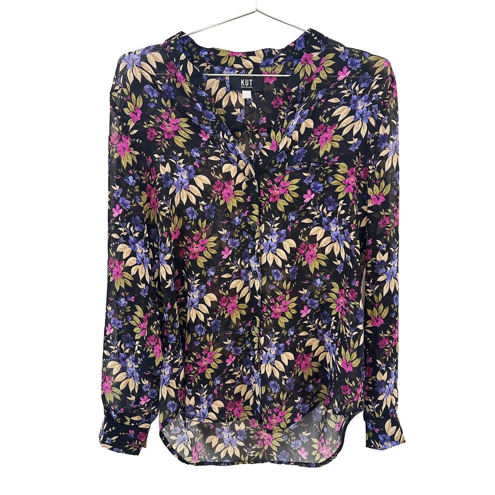 KUT FROM THE CLOTH Sheer Floral Button Up Blouse • Small • black, purple, pink